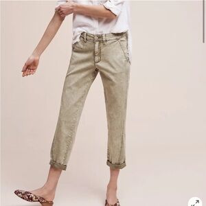 Anthropologie Relaxed Chino Ankle Olive Khaki Acid Wash Stretch Jeans pants 27